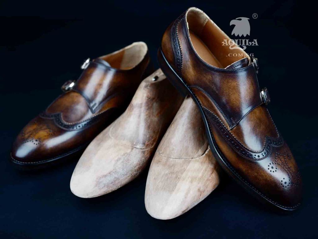 Aquila Wingtip Double Monkstrap Shoes Brown Patina with shoes last