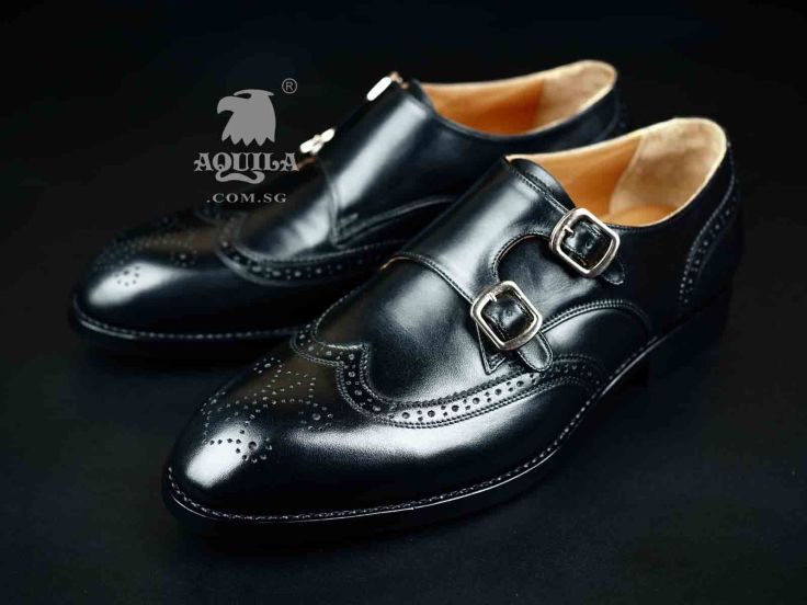 Aquila Wingtip Double Monkstrap Shoes Black